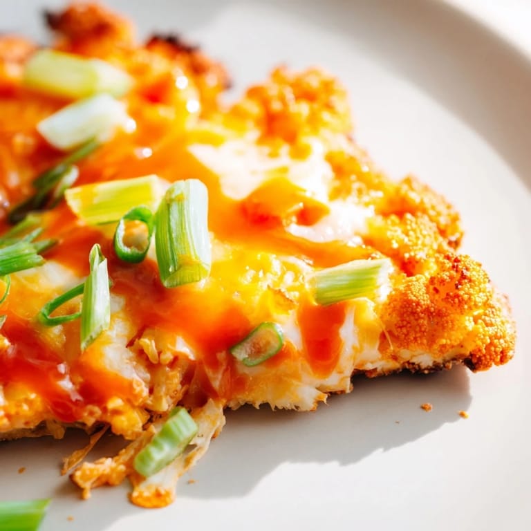 Freshly baked Buffalo Cauliflower Pizza slice with melted cheese and tangy buffalo drizzle on a rustic board.  