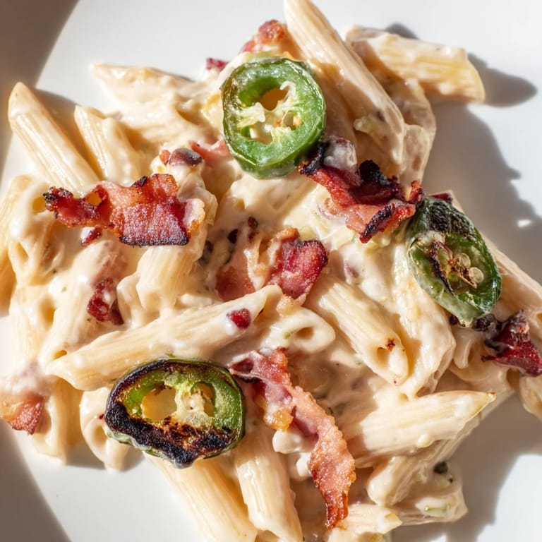 Steaming plate of cheesy Jalapeño Popper Pasta featuring penne, spicy jalapeños, and savory bacon in a creamy sauce.