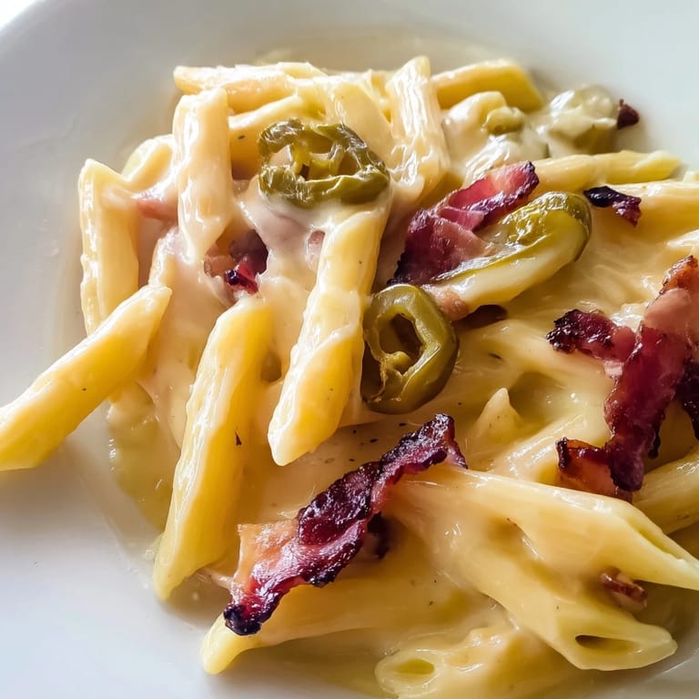 A hearty bowl of Jalapeño Popper Pasta topped with toasted panko breadcrumbs and fresh chives for crunch.