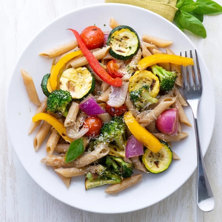 Steam rises from a skillet of Pasta Primavera, highlighting golden roasted vegetables and al dente pasta tossed in olive oil.