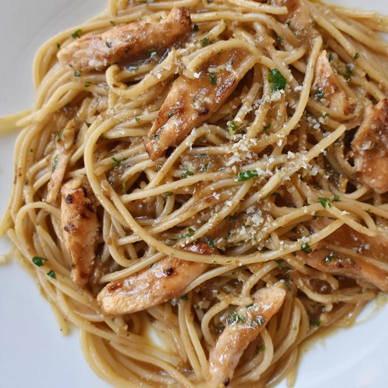 Close-up of Brown Butter Lemon Chicken Pasta highlighting silky strands and glistening brown butter sauce.