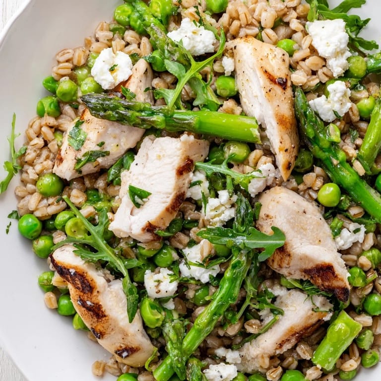 A wholesome bowl of farro, juicy chicken, sweet peas, and peppery arugula is tossed with lemony dressing and feta for a vibrant dinner salad.