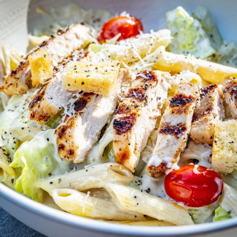 Savory garlic croutons and cherry tomatoes top this hearty, warm Caesar Pasta Chicken Bowl meal.
