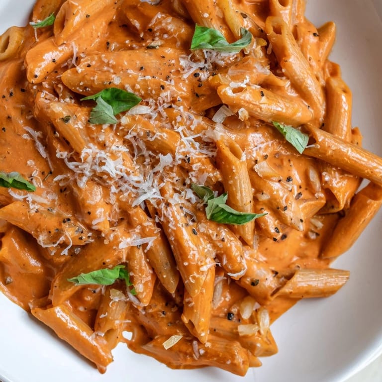 Savory creamy roasted red pepper pasta served in a shallow bowl, steam rising from the silky sauce.