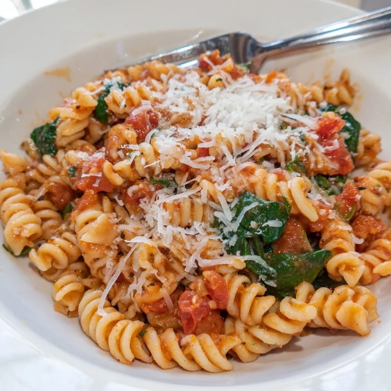 A close-up of Tomato Spinach One-Pot Rotini garnished with grated Parmesan, served alongside a slice of warm crusty bread for dipping.  