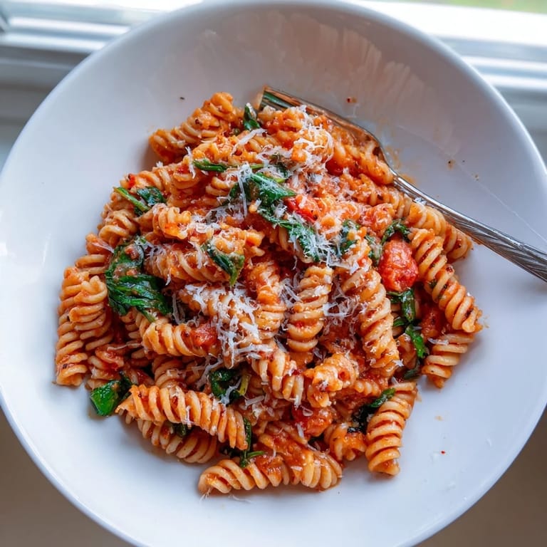 Savory Tomato Spinach One-Pot Rotini steaming in a rustic pot, highlighting juicy diced tomatoes and bright green spinach mixed into al dente pasta.