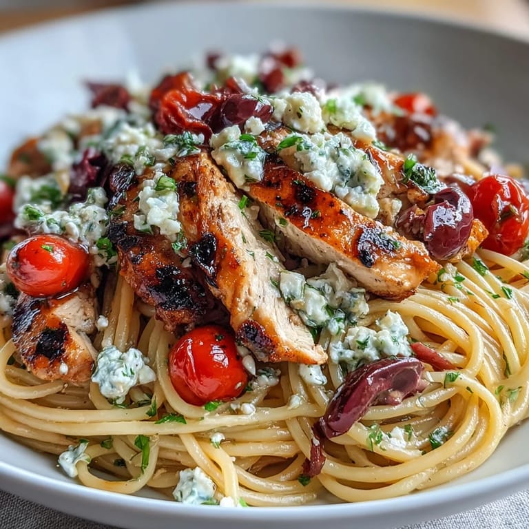 A rustic skillet holds warm Greek Chicken Spaghetti, featuring juicy grilled chicken, tomatoes, and briny Kalamata olives.