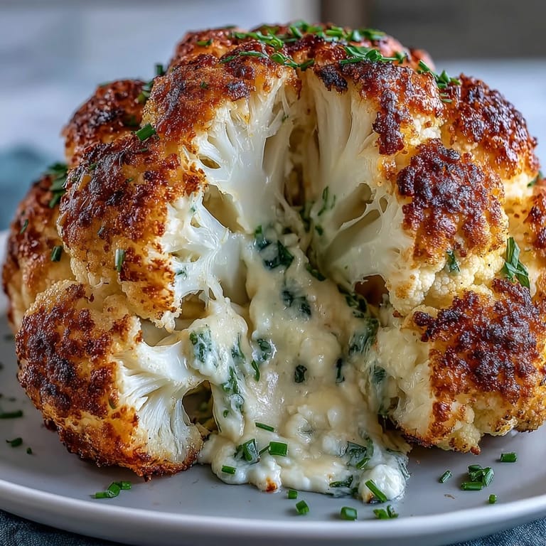 Whole roasted Cheesy Stuffed Cauliflower Head, a savory vegetarian delight.