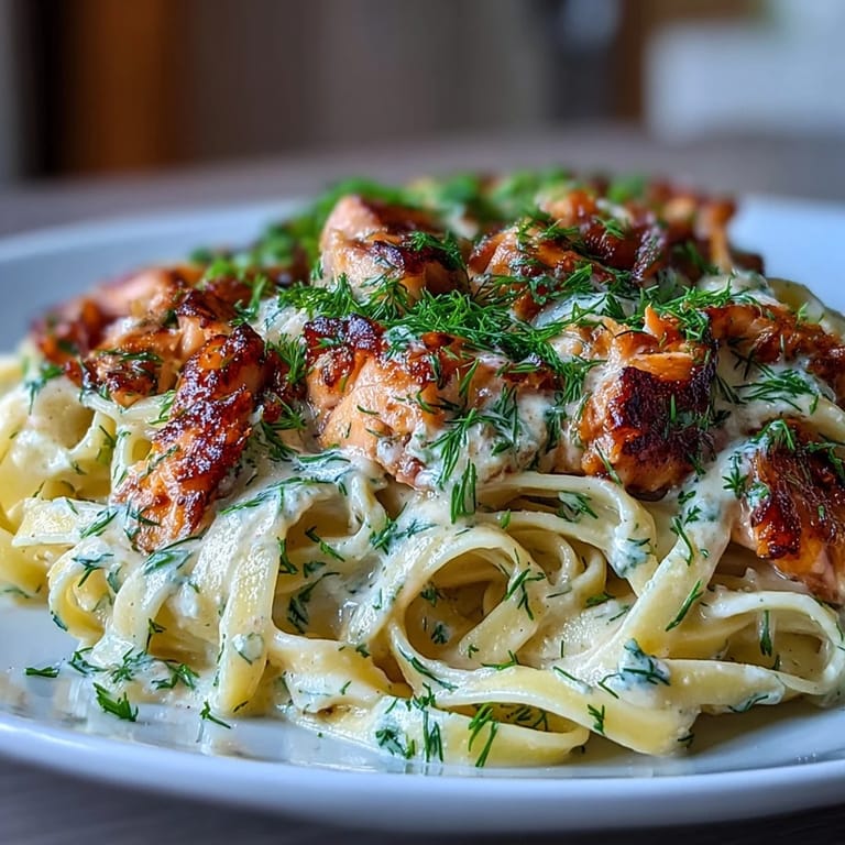 Golden pasta topped with flaked salmon, creating The Best Creamy Salmon Pasta.