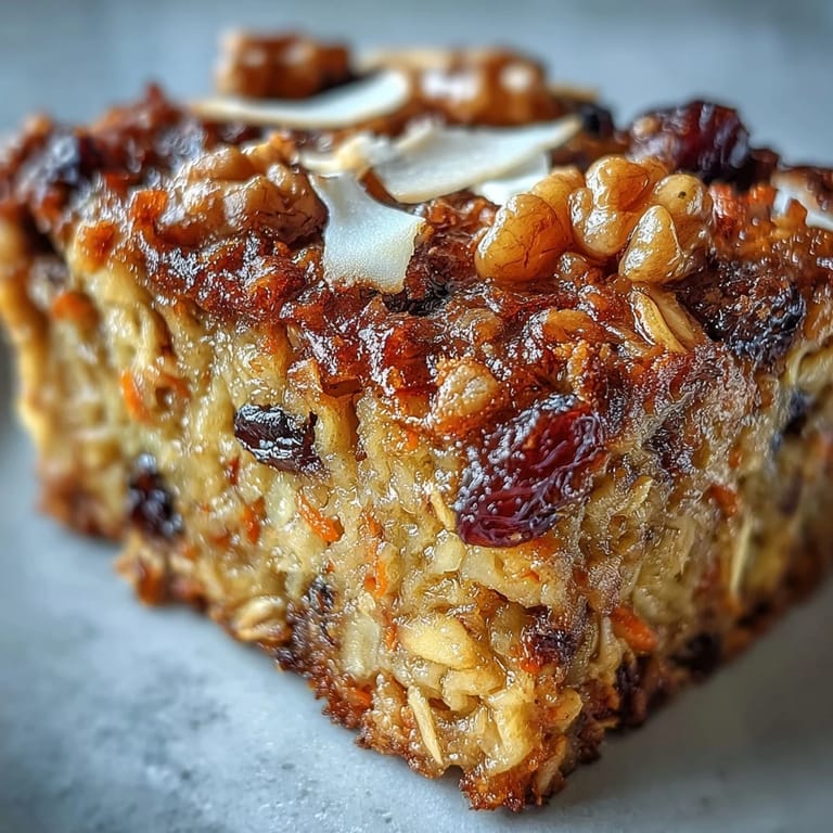 Moist Carrot Cake Baked Oatmeal, studded with raisins and topped with oats.