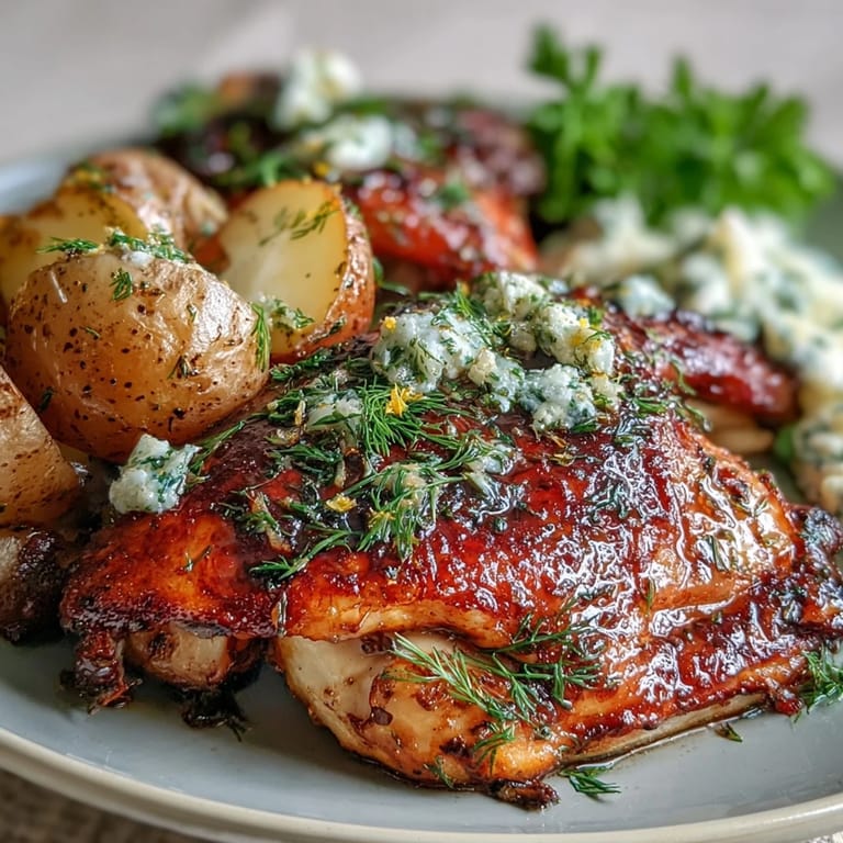Juicy roasted chicken with pot potatoes, drizzled with herbs.