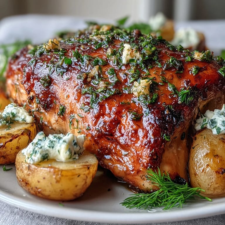 Comforting roasted chicken, lemon, herbs, and crumbled feta over potatoes.