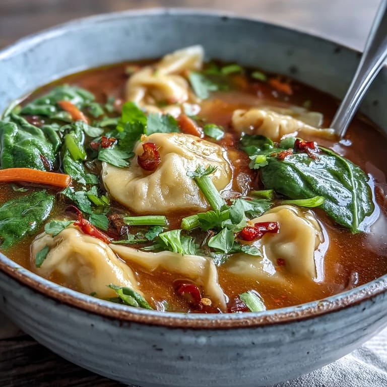 Flavorful Red Curry Wonton Soup bowl brimming with garnishes.