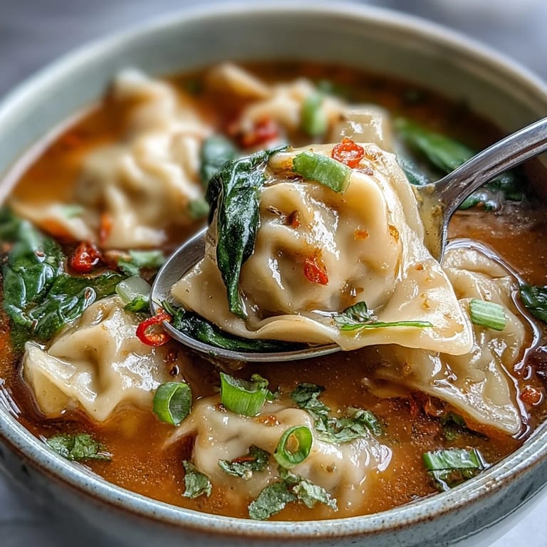 Easy Red Curry Wonton Soup, a comforting 25-minute meal.