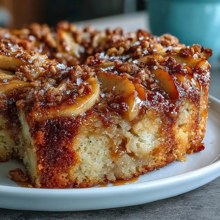 A comforting casserole-style baked apple cake, smelling of cinnamon and nutmeg.