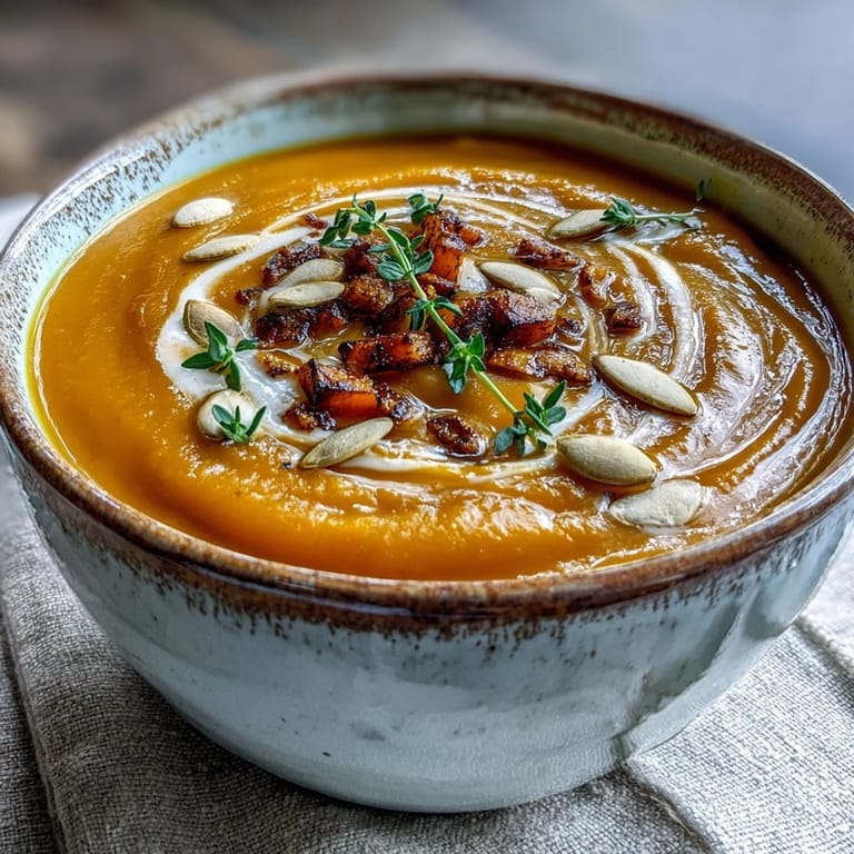 Silky Easy Roasted Butternut Squash Soup with a swirl of cream, served warm with crusty bread.