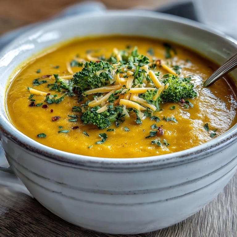 Hearty bowl of butternut squash broccoli cheddar soup served with crusty bread.