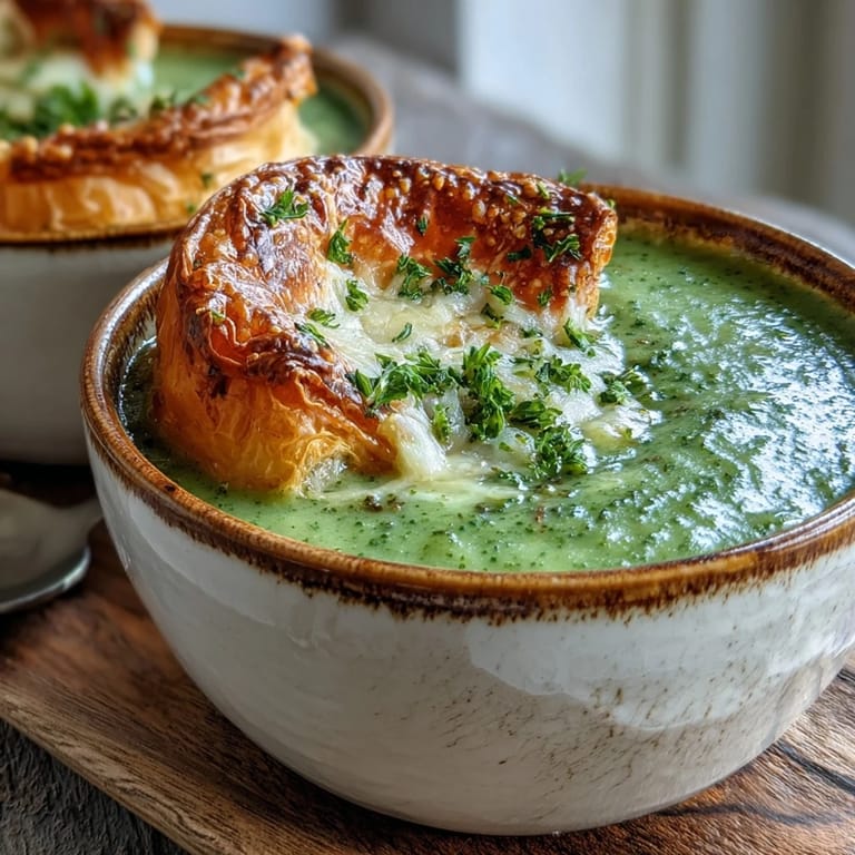 Vibrant green soup and golden Creamy Broccoli and Butternut Squash Soup With Pastries on a rustic table, ready to serve.