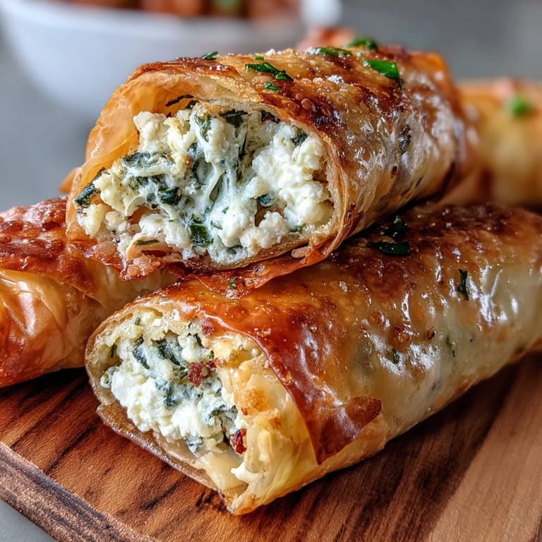 Close-up of Spanakopita Spring Rolls showcasing flaky wrappers, with one roll cut in half revealing the vibrant spinach and feta filling.
