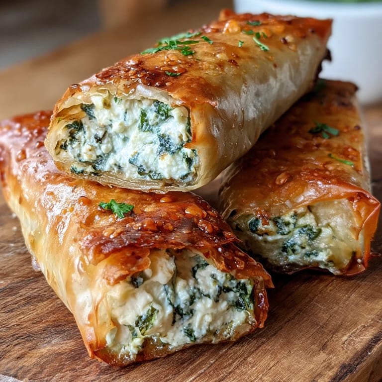 Freshly fried Spanakopita Spring Rolls served on parchment paper, garnished with chopped herbs, ready to be dipped in tzatziki.