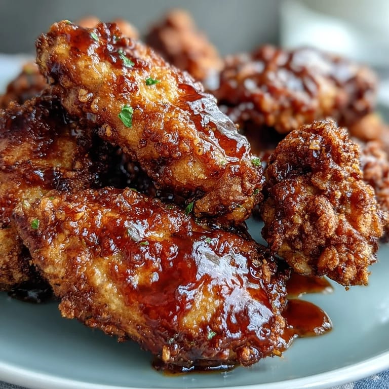 Savory Fried Chicken Wings smothered in smoky BBQ sauce, served hot on a rustic plate alongside a creamy dip and scallions.