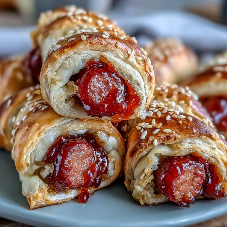 Pepper Jelly Hogs in a Blanket are arranged on a white plate, garnished with fresh chives.