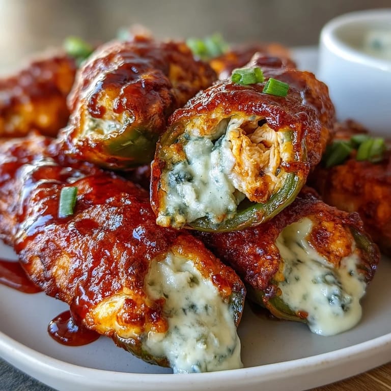 Freshly baked Buffalo Wing Poppers garnished with chopped chives and extra blue cheese crumbles for a tangy finish.