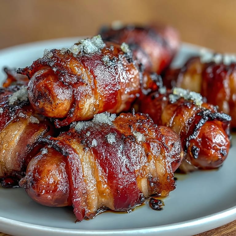 Toothpicks hold crispy bacon around juicy smokies, served warm on a platter with a side of spicy brown mustard for dipping.