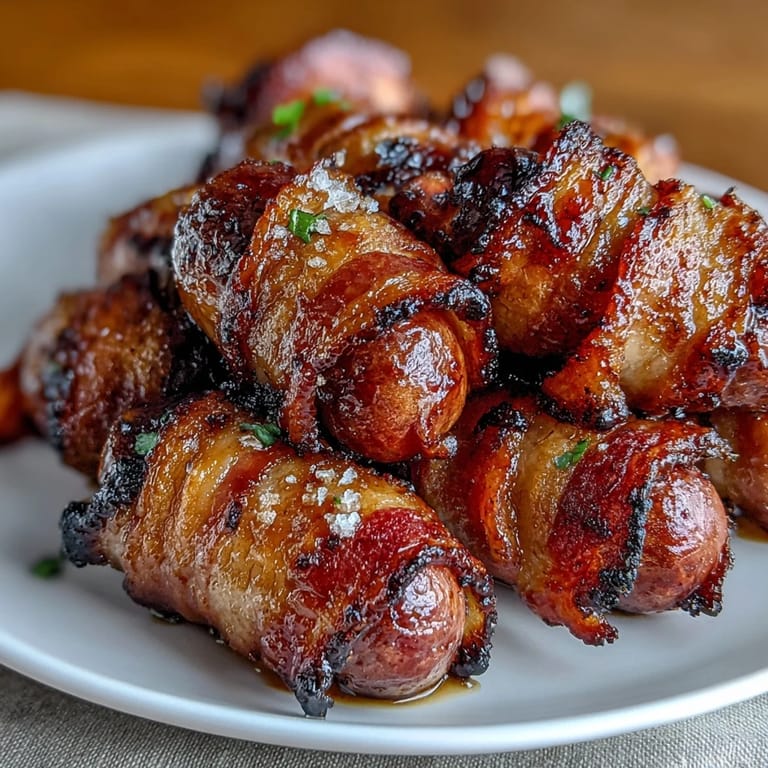Savory Bacon-Wrapped Smokies arranged on a baking sheet, showcasing their bubbly brown sugar coating and irresistible smoky aroma ready for a party.