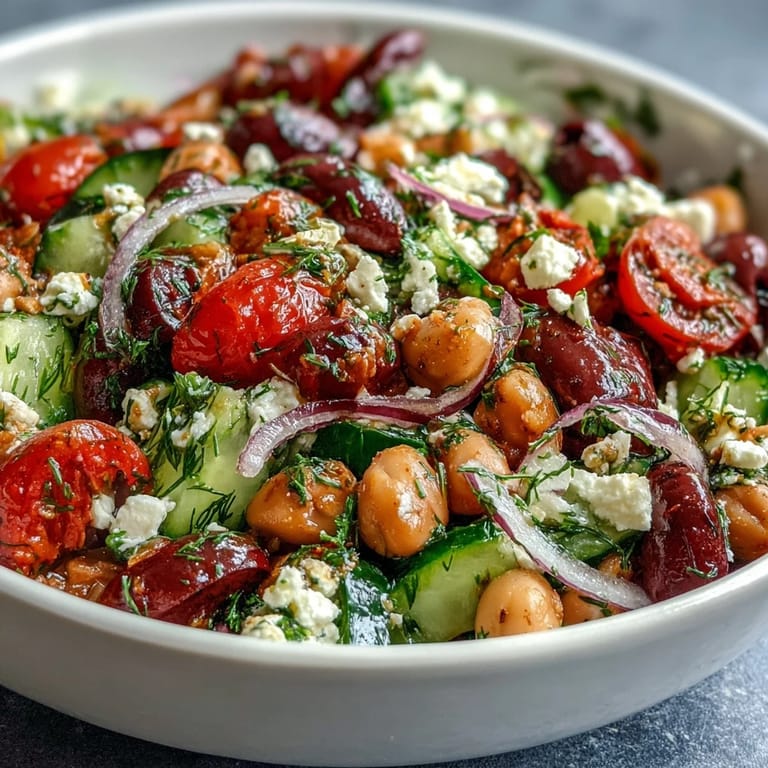 A bowl of Greek Bean Salad with Lemon Marinated Beans features crisp cucumbers, cherry tomatoes, and a zesty lemon dressing.