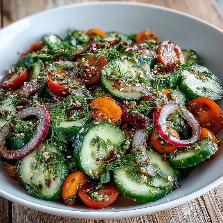 Serving suggestion of Refreshing Crunchy Cucumber Salad piled high in a glass bowl, garnished with fresh dill and toasted sesame seeds next to grilled chicken.