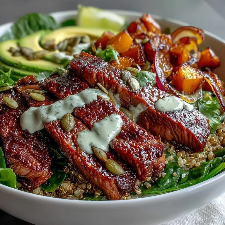 Golden, caramelized butternut squash cubes sit atop a bed of quinoa and greens with red onion in a vibrant dinner bowl.