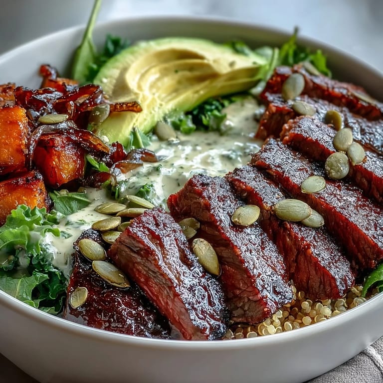 Sizzling flank steak, sliced thin, crowns hearty bowls of quinoa with avocado and pepitas, drizzled with zesty lime-cilantro dressing.