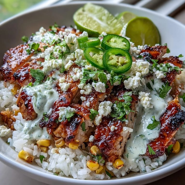 Street Corn Chicken and Rice Bowls served in a rustic bowl, garnished with fresh cilantro and crumbled cotija, with lime wedges for squeezing.