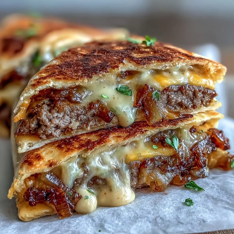 Sizzling Cheesy Griddled Smashburger Quesadillas on a griddle, layered with thin patties and sweet onions.