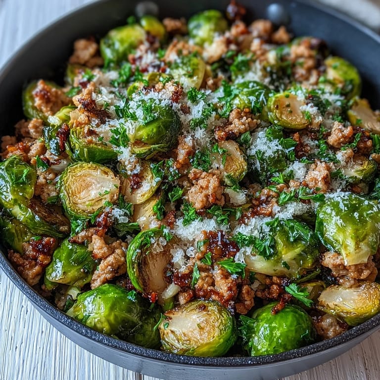 Steam lifts from tender Brussels sprouts as ground turkey and onions mingle with lemon juice in this skillet meal.