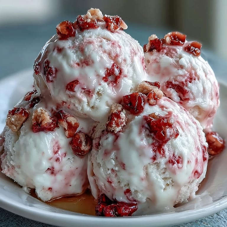Close-up of a bite-sized Strawberry & Banana Yogurt Cluster showing Greek yogurt swirls and crunchy freeze-dried fruit pieces.