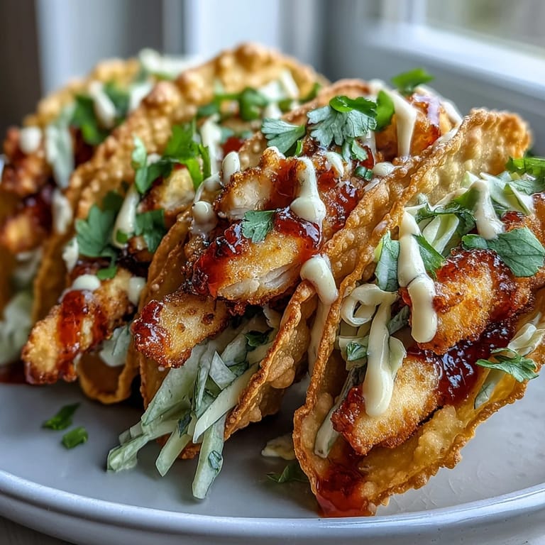 Fried wonton wrappers folded into tacos, stuffed with smoky spiced chicken and topped with fresh cilantro and lime.