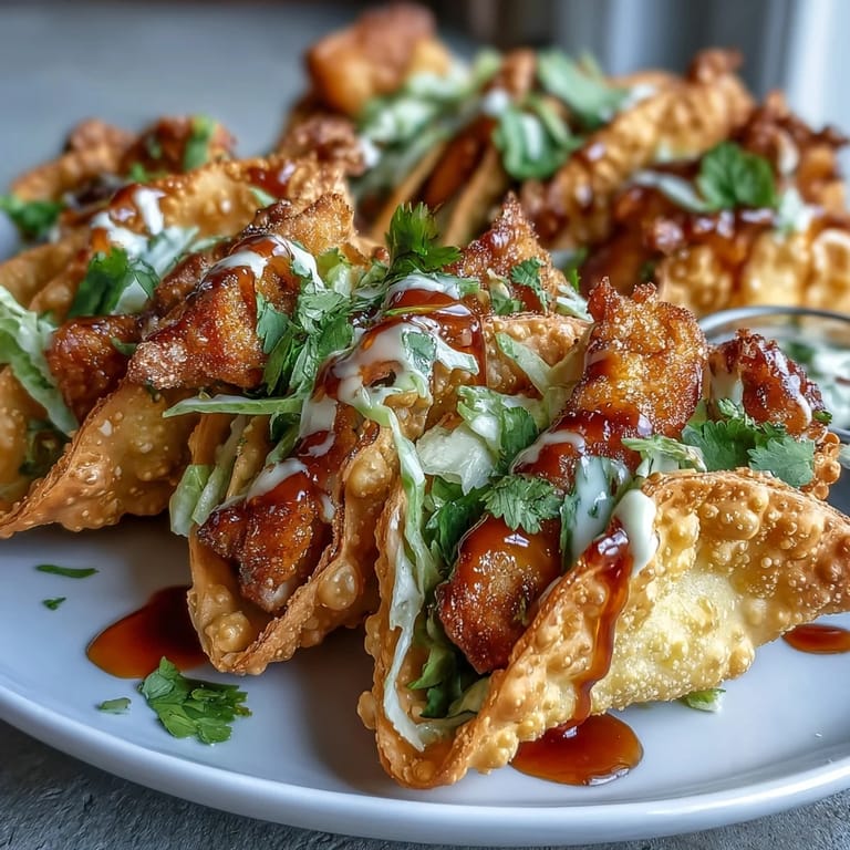 Crispy Chicken Wonton Tacos garnished with green onions and cilantro, served with lime wedges on a rustic platter.