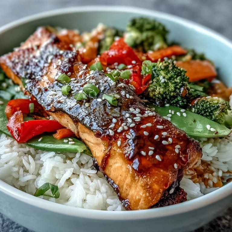 Overhead view of a colorful Teriyaki Salmon Bowl featuring tender salmon, crisp veggies, and jasmine rice drizzled with sauce.