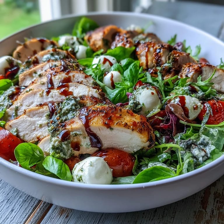Sliced Caprese Chicken Bowl served on a bed of arugula, featuring colorful tomatoes, creamy mozzarella, and a glistening balsamic glaze.