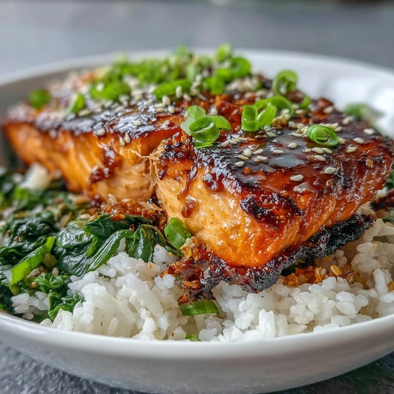 Overhead view of a healthy miso glazed salmon bowl with spinach, jasmine rice, sesame seeds, and bright lime wedges.