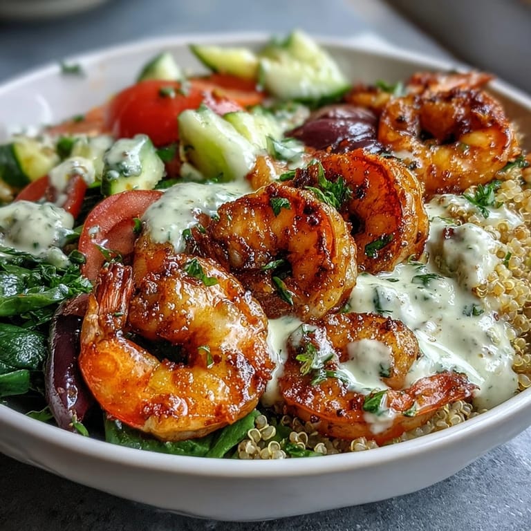 Ready-to-serve Mediterranean Shrimp Bowl with greens, grains, and succulent shrimp, drizzled with rich tahini sauce.