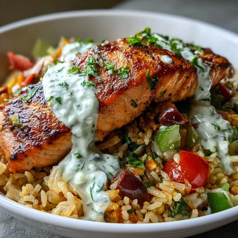 Pan-seared salmon rests on crunchy rice with red bell pepper and zucchini. The Crispy Rice Salmon Bowl features a zesty lemon-yogurt sauce and Kalamata olives. Served with fresh lemon wedges.