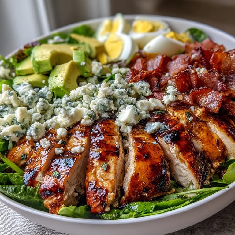 American classic Cobb Salad Bowl with rows of chicken, bacon, avocado, tomatoes, blue cheese, and eggs on crunchy greens, ready to serve.