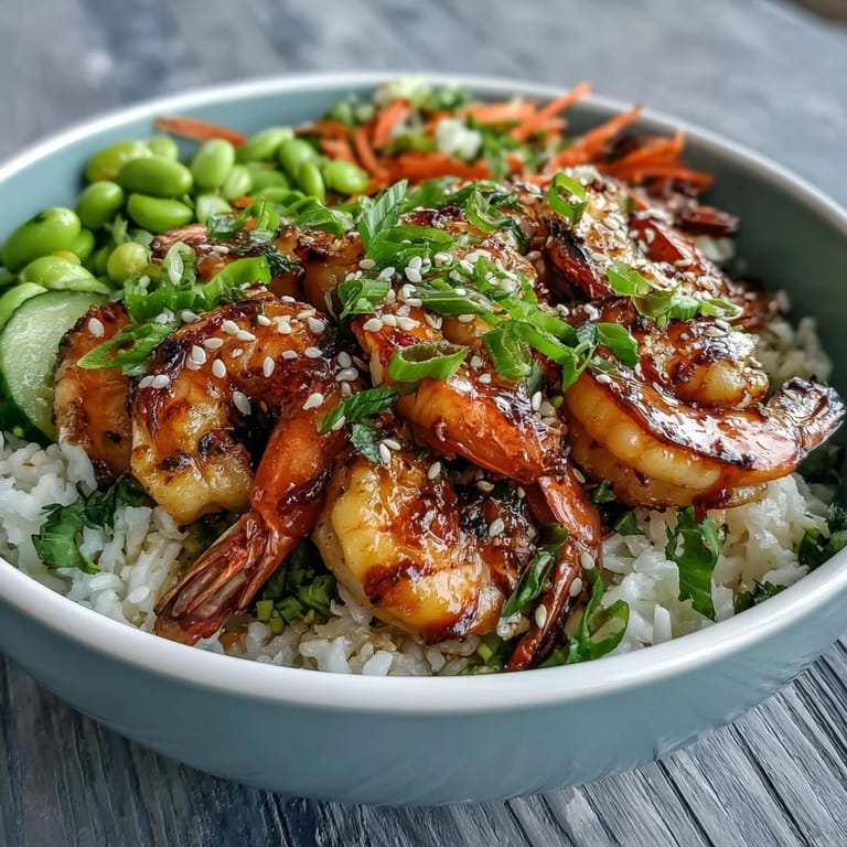 Asian Shrimp Bowl served in a ceramic bowl, garnished with scallions and julienned carrots, showcasing colorful vegetables and glistening dressing on warm jasmine rice.