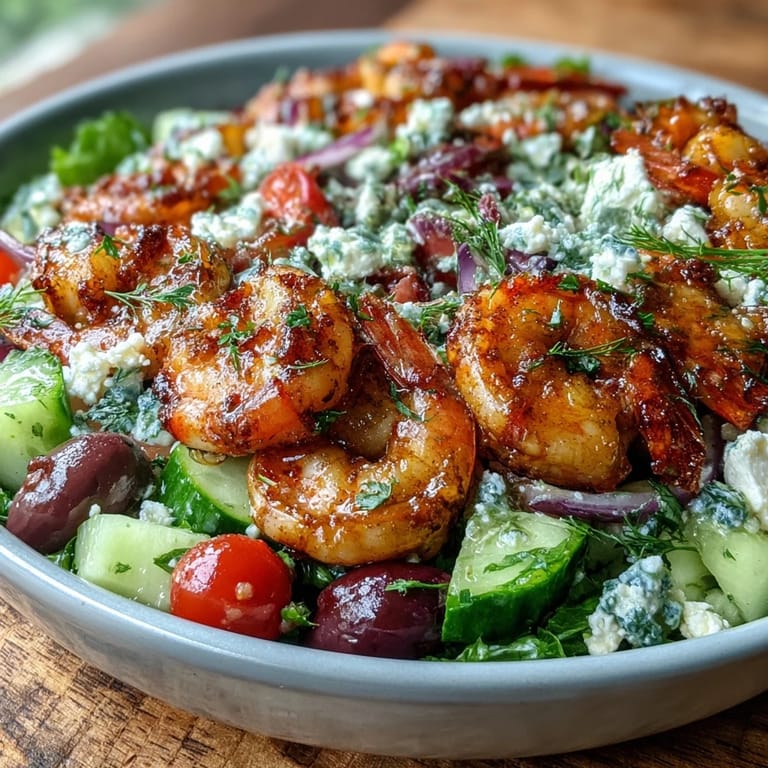 A vibrant Greek Shrimp Bowl topped with crumbled feta, Kalamata olives, and a lemon-olive oil dressing.