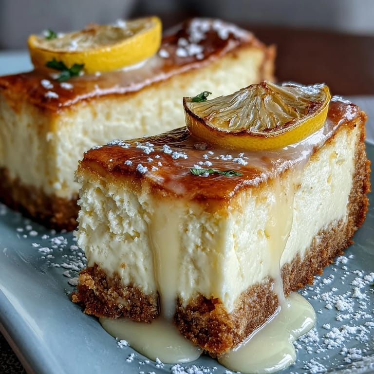 Baked limoncello cheesecake bars with buttery graham cracker crust, perfect for summer parties or elegant gatherings.  