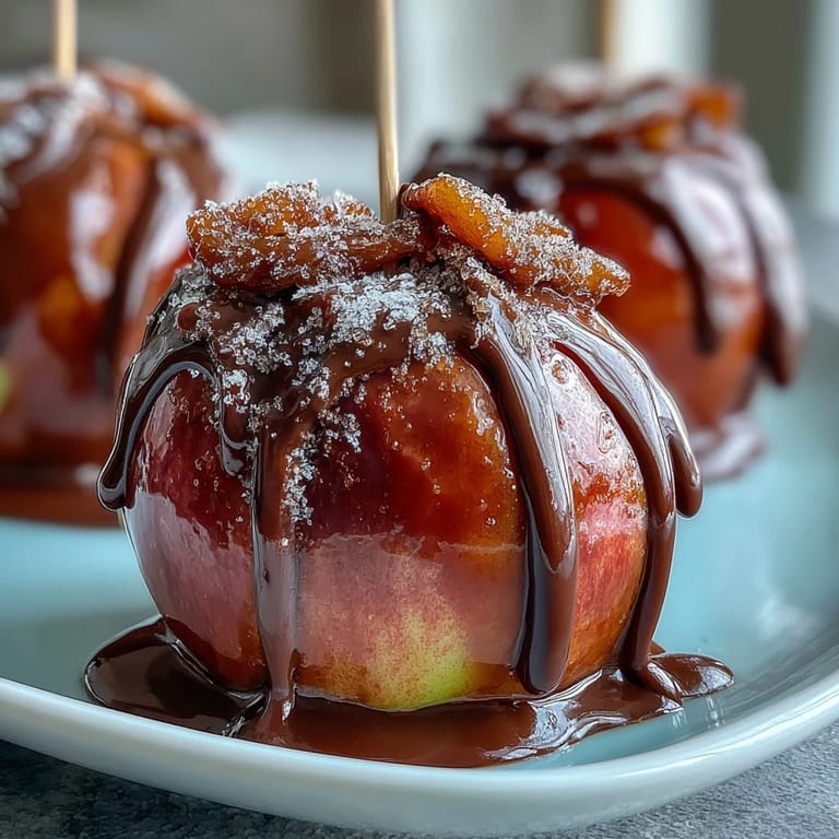Classic red candy apples coated in vibrant hard candy shell, finished with a delicate white chocolate drizzle for extra sweetness.