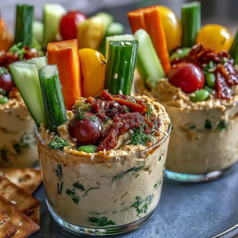 Vibrant snack cups with smooth hummus and crunchy veggie sticks, offering a colorful and protein-packed treat for busy days.